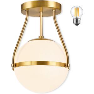 Globe Semi Flush Mount Ceiling Light Mid Century Modern Globe Ceiling Light Fixture with Milk Glass Shade Brass Finish for Living Room Hallway Kitchen Island Dining Room Laundry (Bulb Incl.) (6 inch, Gold)