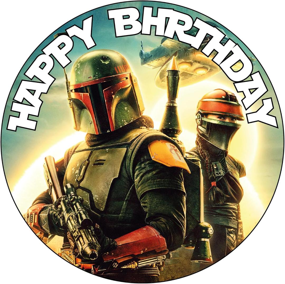 7.5 Inch BOBA FETT Cake Topper Round Edible Birthday Cake Decorations, Happy Birthday Cake