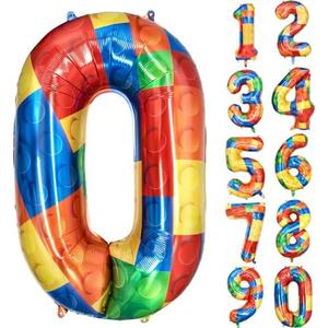 Pack of 4, 32 Inch Building Block Number 0 Balloons Foil Big Number Balloons for Birthday Party Baby Shower, Brick Themed | Colorful Block Balloons Party Supplies Decor for Kids
