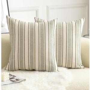 Decorative Boho Throw Pillow Covers, Farmhouse Textured Pillow Case, 18 x 18 Inch Set of 2, Chair Sofa Bedroom Living Room Home Decor Couch Cushion Case, Olive Green and Beige Striped