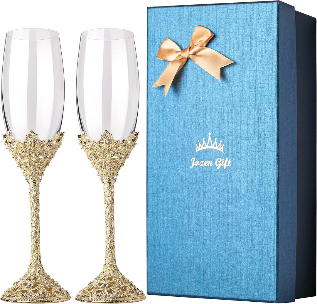 Gold Champagne Flutes - Crystal Glass Metal Base With Crystal Stones, Set of 2 Toasting Flute Pair, Wedding Anniversary Party Birthday Banquets and Gifts for Bride and Groom (Gold)