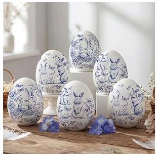 DoubleFill 6 Pcs Ceramic Blue and White Easter Eggs Chinoiserie Porcelain Eggs Spring Basket Bowl Filler Rustic Decorative Farmhouse Ornaments for Easter Home Trays Holiday Party Decorations