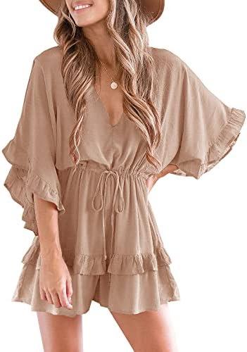 Valphsio Womens V Neck Beach Romper Ruffle Layered Drawstring Waisted Shorts Jumpsuit Medium