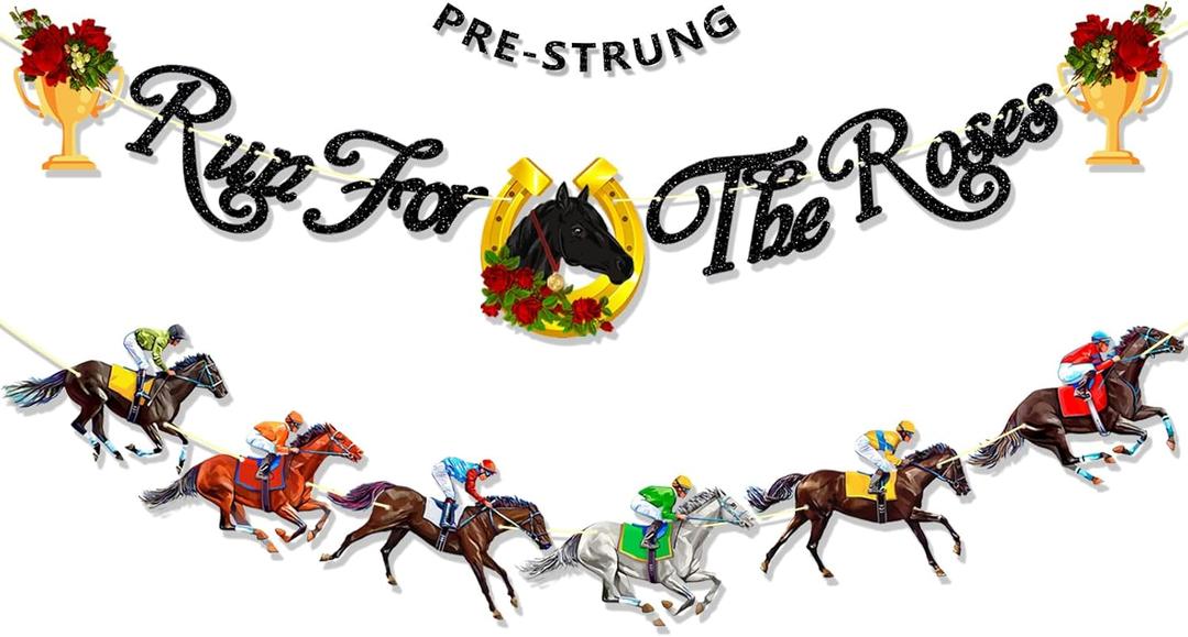 Glitter Run for The Roses Banner, Pre-Strung NO DIY Kentucky Derby Decorations, Horse Race Garland Kentucky Derby Banner for Wall Home Decor