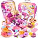 Auney Tea Party Set Toys for Girls, Tin Unicorn Tea Set Pretend Play Girls Toys Gifts for Age 3-6, Kids Toys Gifts for Toddlers Including Carrying Case (New Unicorn)