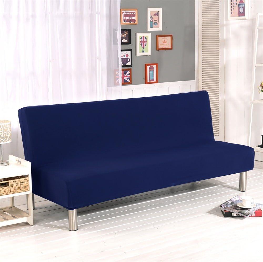 Solid Colour Armless Sofa Bed Cover Polyester Spandex Stretch Futon Slipcover 3 Seater Elastic Full Folding Couch Cover fits Folding Sofa Bed Without Armrests 80" x 50" in (Dark Blue)
