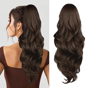 Ponytail Extension, Drawstring Ponytail Extension for Women 23 Inch Long Brown Wavy Pony Tails Hair Extensions Synthetic Clip in Ponytail Hairpiece for Women (Medium Brown)