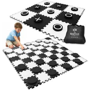 Swooc Games - 2-in-1 Premium Giant Checkers & Tic Tac Toe Game (4ft x 4ft) - 100% High Density EVA Foam Mat & Pieces - Extra Large Checkers Set with Jumbo Checkerboard and Yard Size Tic Tac Toss