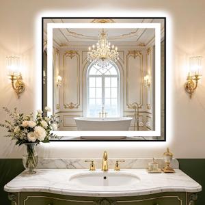 Led Bathroom Mirror with Light, 30x30 Bathroom Vanity Mirror for Wall with Frame, Anti-Fog, Dimmable 3 Colors, Memory Function, Backlit and Front Lit, Shatter-Proof Glass, Plug-in/Hardwired