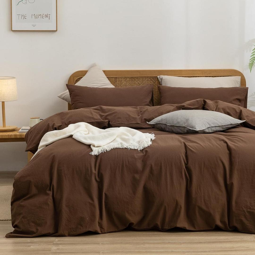 2 x BESTOUCH Duvet Cover Set 100% Washed Cotton Linen Feel Super Soft Comfortable Chic Lightweight 3 PCs Home Bedding Set Solid Cocoa Brown Queen
