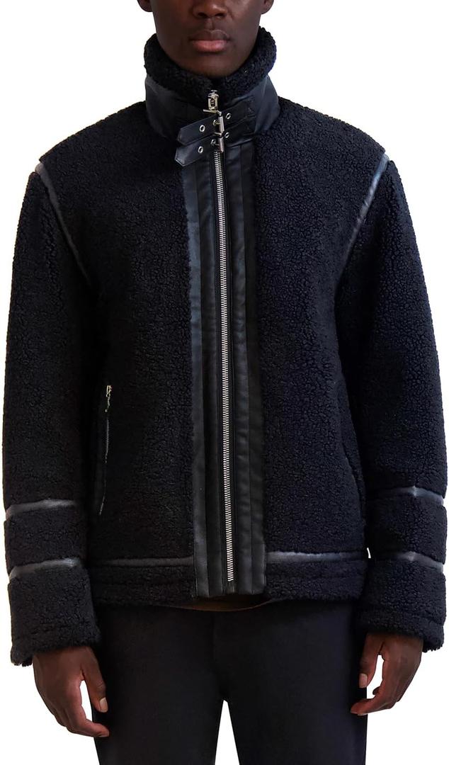 KARL LAGERFELD Men's Outerwear Banded Collar Faux Shearling Jacket With Leather Trims, S