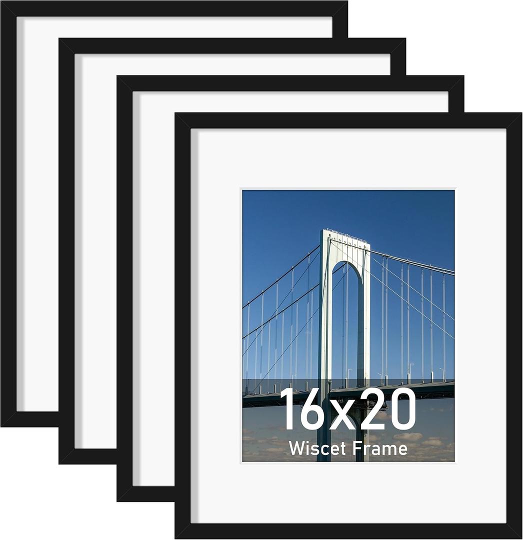 Wiscet 16x20 Picture Frame Set of 4, Display Picture 11x14 with Mat or 16x20 Poster Frame without Mat, Horizontal or Vertical Wall Mounting, Black