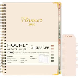 GuassLee 2026 Planner, Weekly & Monthly Appointment Book from Jan. 2026 - Dec. 2026, Work & Life Daily Hourly Planner with Time Slots, A5 Agenda Organizer for Home School Office, Beige, 8.4"x 6.1"