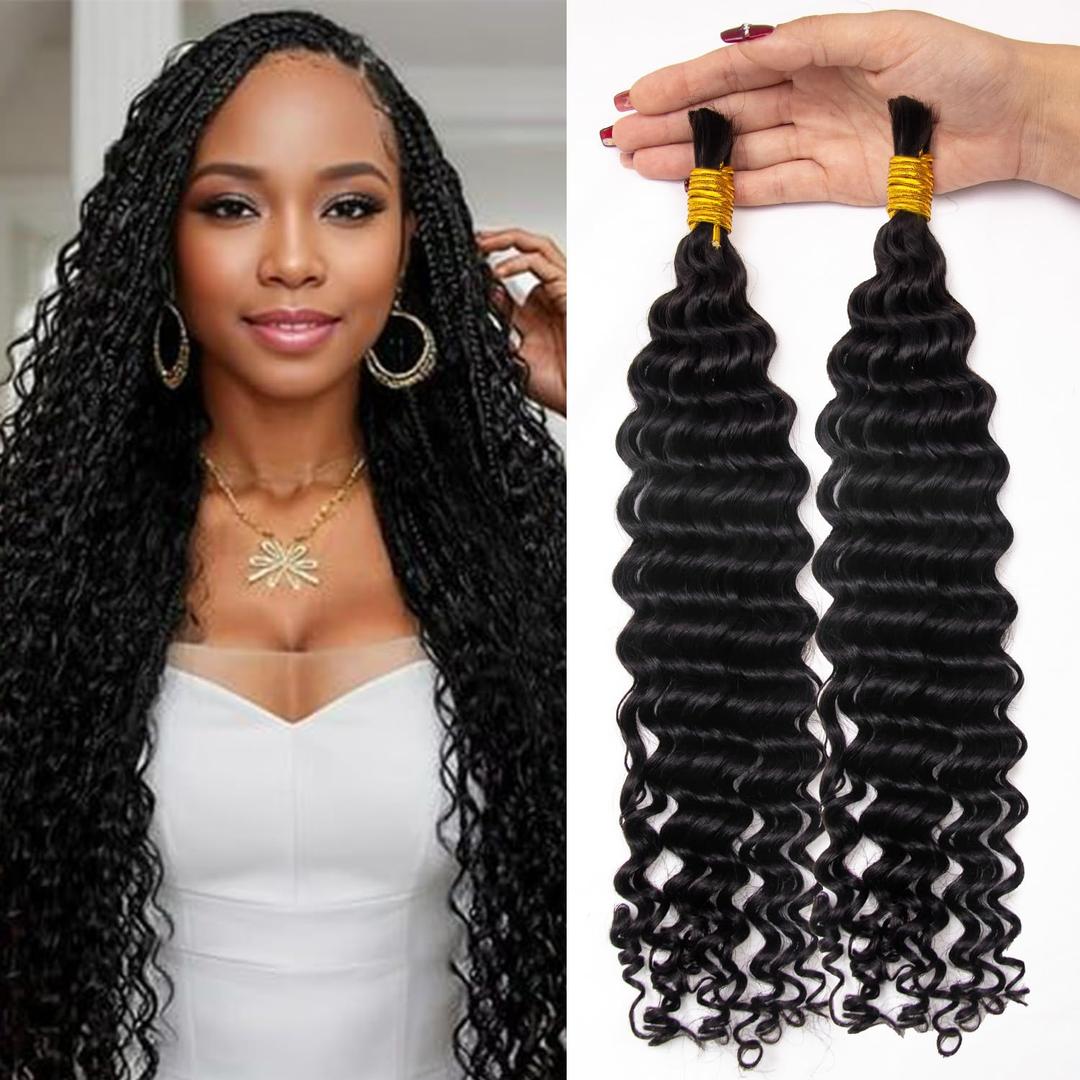 KRN Human Braiding Hair for Boho Braids, 100g/Pack (2 Bundles) Deep Wave Curly Bulk for Boho Braids No Weft 12A Grade Brazilian Virgin Hair Natural Color 16 Inch
