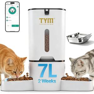 TYM Dual Automatic Cat Feeder for 2 Cats, 7L WiFi Cat Food Dispenser with Smart App Control, Programmable Feeding Schedule for Multiple Pets, Stainless Steel Double Bowls, Detachable for Easy Clean