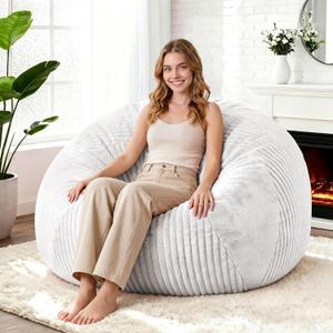 4FT Bean Bag Chair, Teardrop Beanbag with Memory Foam Filled | Bean Bag Sofa With Removable Cover, Cozy Boneless Chair with Handle for Living Room, Bedroom (Plush Stripe White)