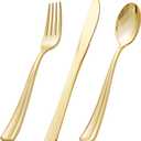 BUCLA 600 Pieces Gold Plastic Silverware - Disposable Gold Utensils - Heavyweight Plastic Cutlery set- 200 Forks, 200 Spoons, 200 Knives