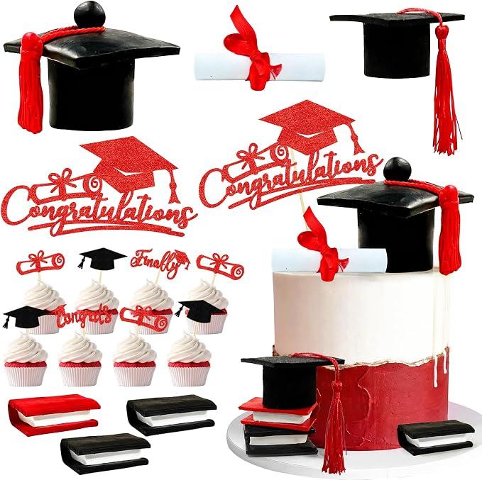 15PCS Red and Black Graduation Cake Topper Set for 2026 Graduation Cake Decorations Book Congrats Cake Toppers for Boys Girls Women Men School University Graduates Grad Party