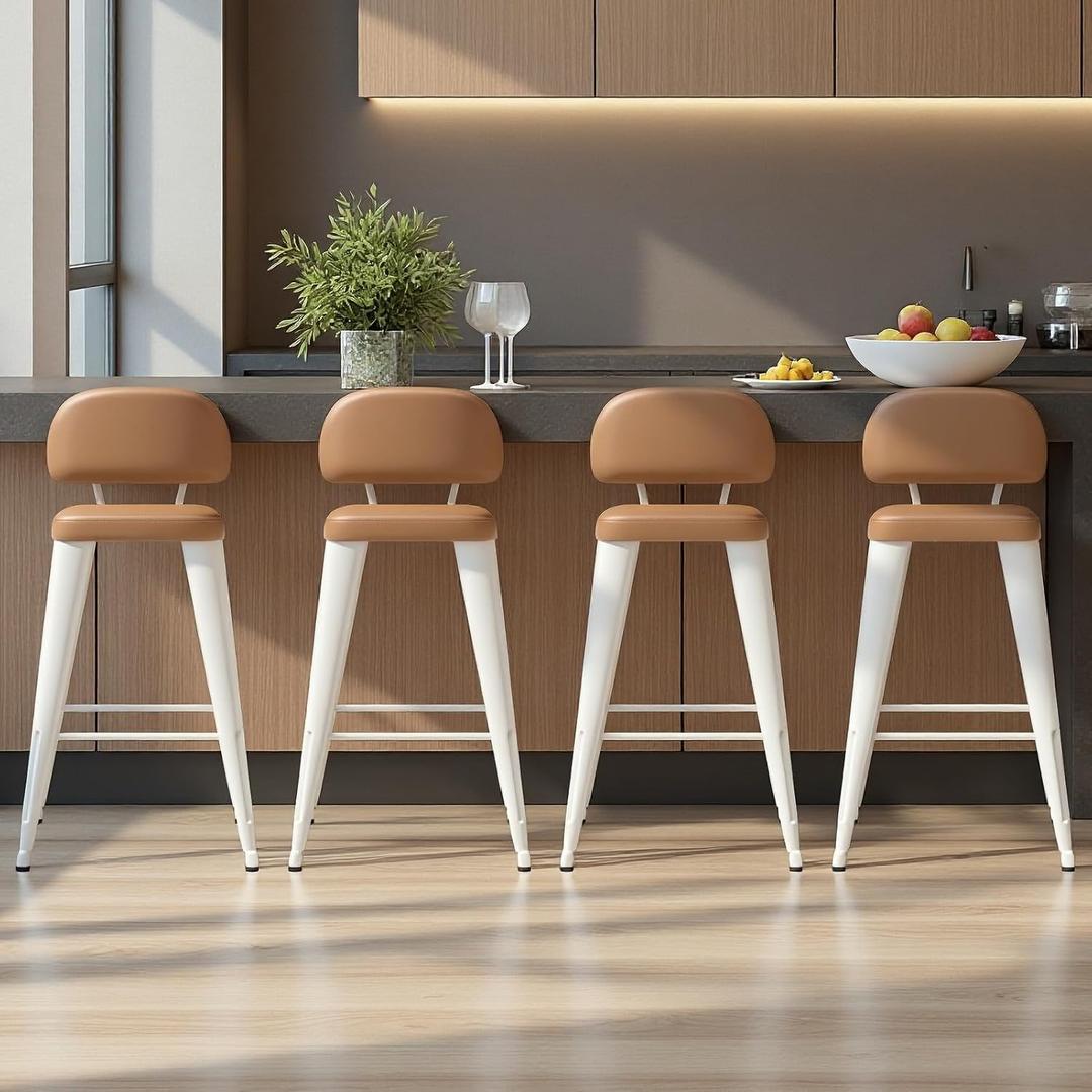 Bar Height Bar Stools Set of 4, 30 Inch Bar Stools with Soft Cushion Low Back Modern Barstools for Kitchen Island or Bar, White and Brown