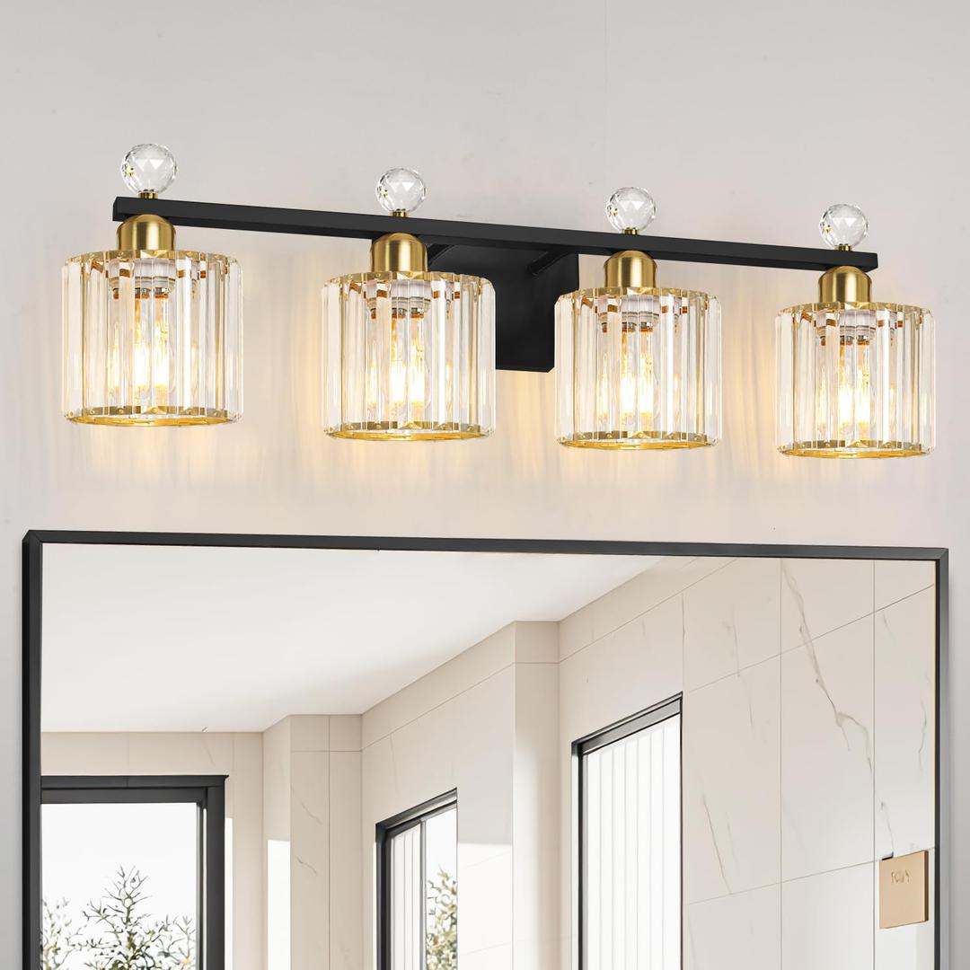 Modern Balck and Gold Crystal Bathroom Vanity Light, 4-Lights Bathroom Light Fixtures, Vanity Light Fixtures Over Mirror, Glass Wall Sconce Light for Bedroom, Kitchen, Living Room, Gallery, E26 Base