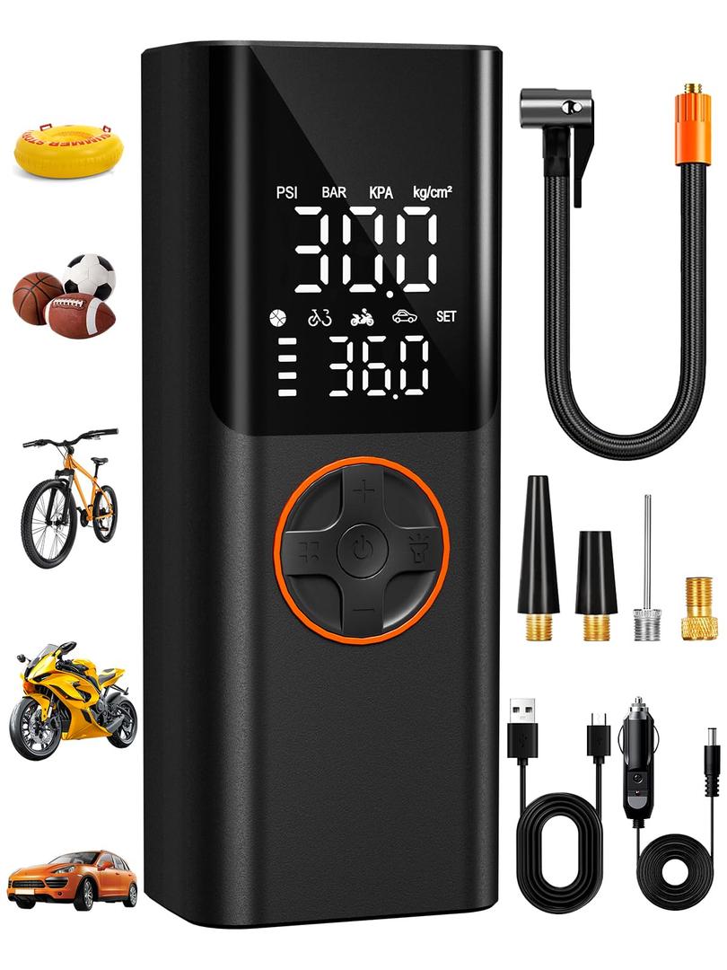 AIRSURE Tire Inflator Portable Air Compressor, 150PSI Cordless Tire Pump with USB Output, 12V DC Car Plug & Dual Power 6000mAh, Fast Inflation Air Pump for Cars, Bikes, Motorcycles and Balls