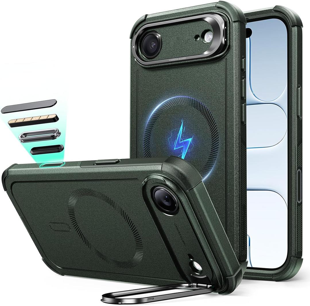 ESR for iPhone Air Case with Stash Stand, 7X Military-Grade Drop Protection, Camera Control, Shock-Absorbing iPhone 17 Air Phone Rugged case, Compatible with MagSafe Accessories, Cyber Series, Green