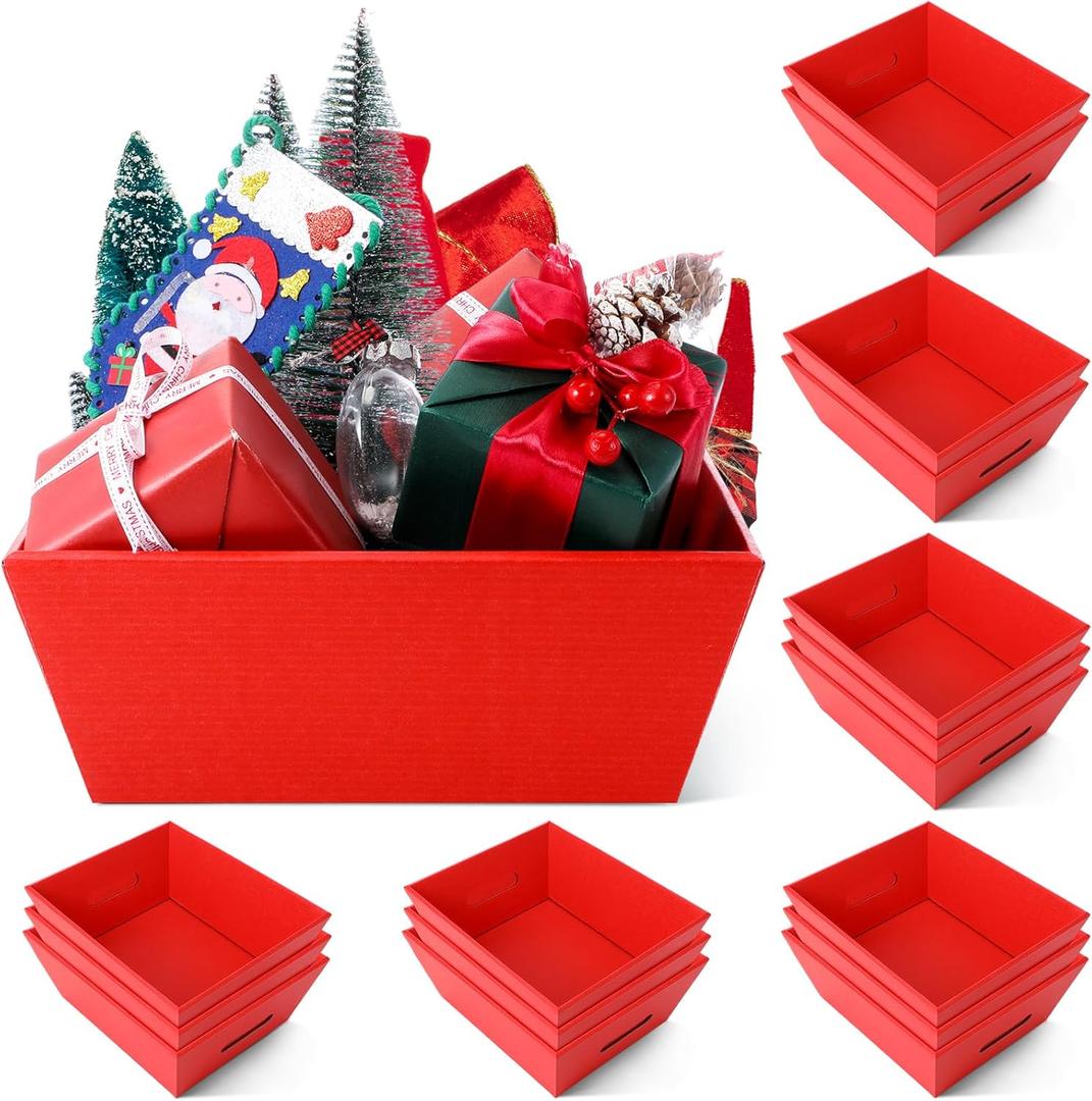 Fainne 16 Pcs Extra Large Empty Baskets for Gifts 12x10 Inch Red Cardboard Gifts Baskets Trays with Handles for Christmas Birthday Thanksgiving Valentines Wedding Holiday Party Supplies