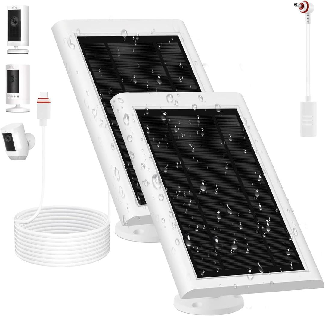 Solar Panel for Ring Camera(2nd Generation), 2 Pack 5W Solar Panel with 10FT/3M Long Cable for Stick Up & Pro Spotlight Cam Battery for Security Camera Dustproof Waterproof (Grey White)