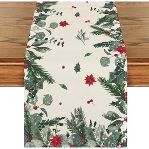 Artoid Mode Green Leaves Poinsettia Holly Christmas Table Runner, Seasonal Winter Kitchen Dining Table Decor for Home Party 13x108 Inch