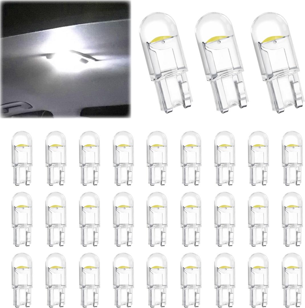 30 PCS Car 194 LED Bulbs, 168 2825 W5W T10 Wedge COB LED Replacement Bulb, 6000K License Plate Light Bulb, Error Free Interior Bulb for Dashboard Light, Dome Lights,License Plate Lights (White)