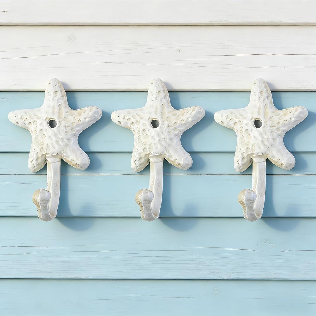3Pack Cast Iron Starfish Coat Hooks 4.2in Decorative Wall Hooks Nautical Decor Hooks for Pool Towel Holder Bathroom Bedroom and Kitchen