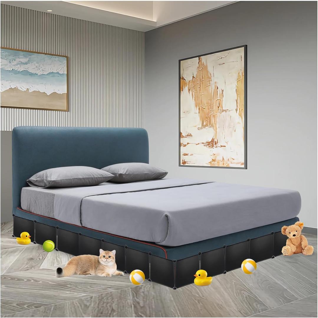 14 Pack Under Bed & Couch Blocker for Pets and Toys - 166" Length, 11.8" Height for One Side of Queen Bed | Includes Sticky Tape, Connectors & Zip Ties - Black