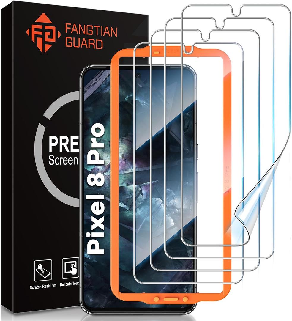 [4-Pack] FANGTIAN for Google Pixel 8 Pro Screen Protector [Not Glass] - Film for Pixel 8 Pro Screen Protector [Fingerprint Compatible][Alignment Tool][7H Hybrid][6.7Inch]