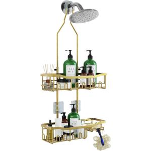 Shower Caddy, Extended Length Shower Organizer with Hooks, Rustproof Shampoo Soap Holder, Large Hanging Bathroom Caddy (Gold)