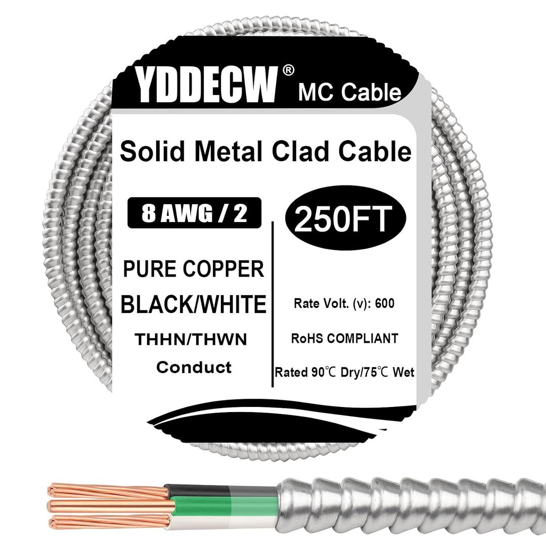 200FT 8/2 Metal Clad (MC) Cable with Ground, 8 Gauge Electric Wire with Aluminum Armor, Solid Bare Copper Conductors for Indoor Outdoor Underground Embedded Installation (8/2, 200 ft)