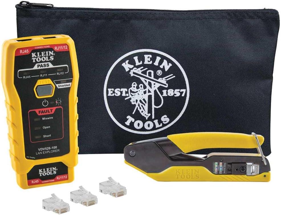 Klein Tools VDV026-813 RJ45 Ethernet Cable Tester and Crimper Kit, Pass-Thru Technology, Includes Connectors for Cat5e/CAT6 Data Applications, Pack of 50