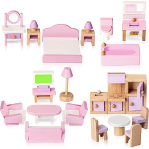 Wooden Dollhouse Furniture Set, 22 PCS Doll House Accessories Including 5 Room Kits, Little People House Furniture Toy Gift for Girls Boys Age 3+, Miniature Dollhouse Furnishing