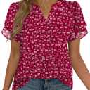 Zeagoo Womens Dressy Casual Chffon Shirts Short Sleeve V Neck Work Blouse | Flowy Business Casual Tops, Petal Sleeves, Double Layer, Office, Teacher, Interview Outfits for Spring, Summer (Red, XXL)
