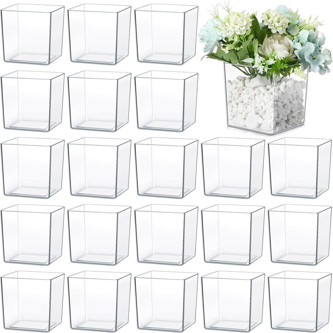 Tioncy 4'' x 4'' 24 Pcs Cube Clear Flower Vase Acrylic Flower Vase Square Acrylic Container Cube Decorative Centerpiece for Plant Home Office Floral Decor