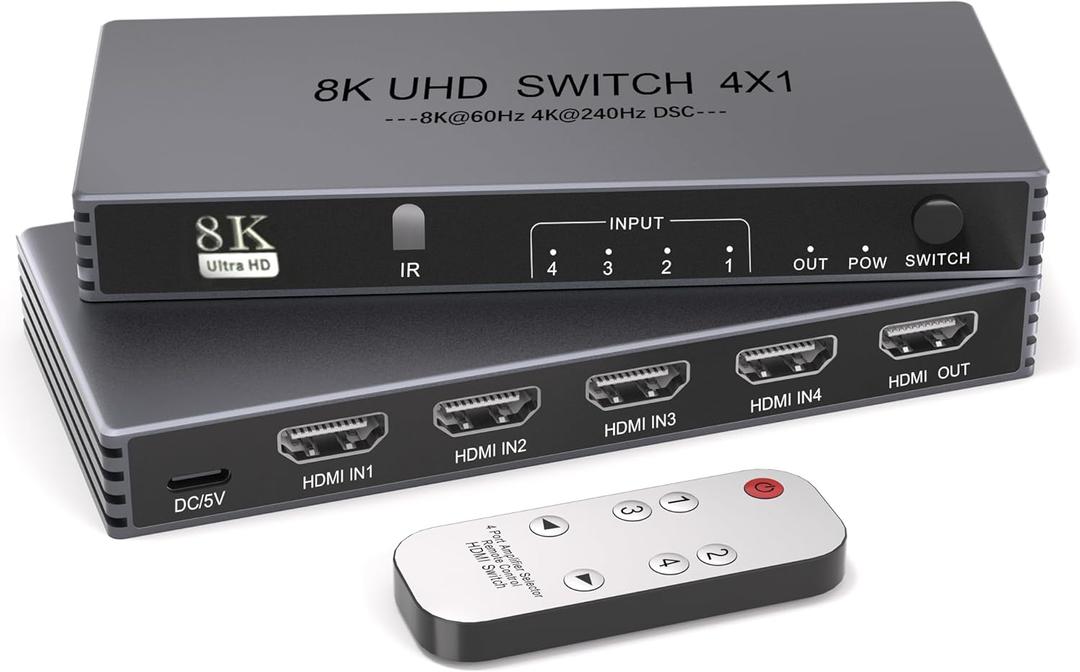 HDMI Switcher 4 in 1 Out - New Upgrade 8K@60Hz 4K@240Hz/144Hz/120Hz HDMI Switch with Remote Support HDCP2.3/HDR10, for PS5/PS4 Xbox Nintendo Roku Apple TV Fire Stick 8K HDMI2.1 Splitter