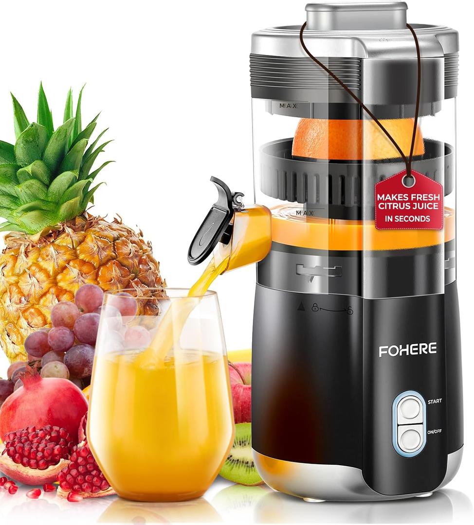 FOHERE Citrus Juicer Electric, Hand-Free Orange Juicer Machine with 2 Interchangeable Cones, Automatic Juice Squeezer for Orange, Lemon, Grape, Pomegranate, Cleaning Brush Included