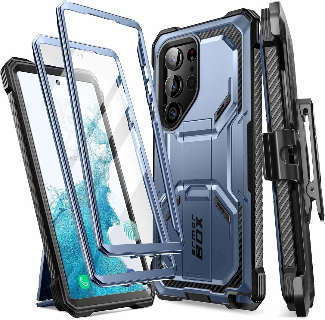 i-Blason for Samsung Galaxy S23 Ultra Case with Stand, [2 Front Frames] [Built-in Screen Protector] [Belt Clip Holster], Military-Grade Shockproof Rugged Phone Case for Samsung Galaxy S23 Ultra, Blue