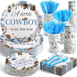 Dandat 350 Pcs Baby Shower Plates Set Baby Shower Party Supplies Serves 50 Tableware Sets Include Plates Napkin Cup Forks Knives Spoons Disposable Dinnerware(Cowboy,Blue)