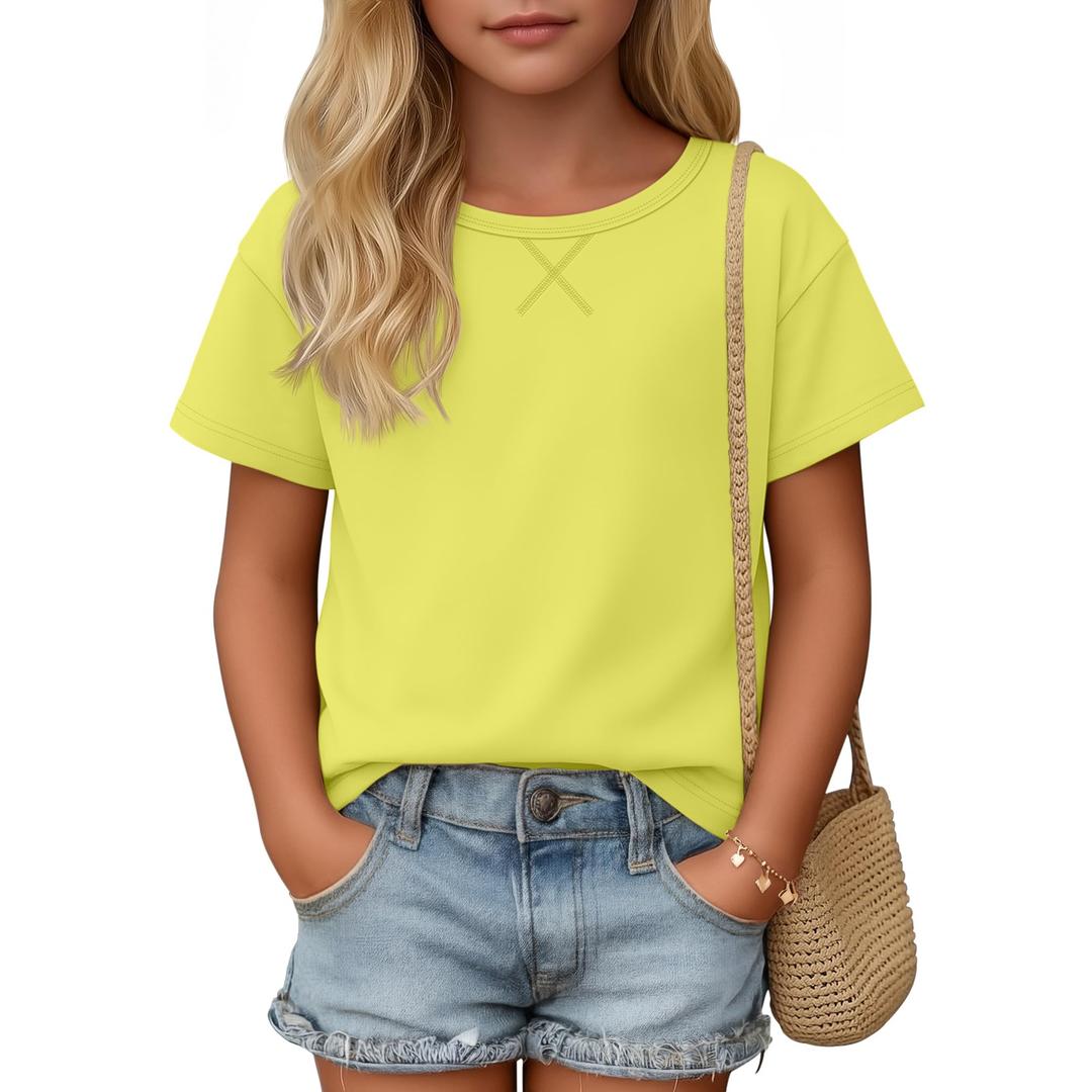 YooAurvox Girls Short Sleeve Shirts 5-14Y, Bright Yellow, 13-14 Years