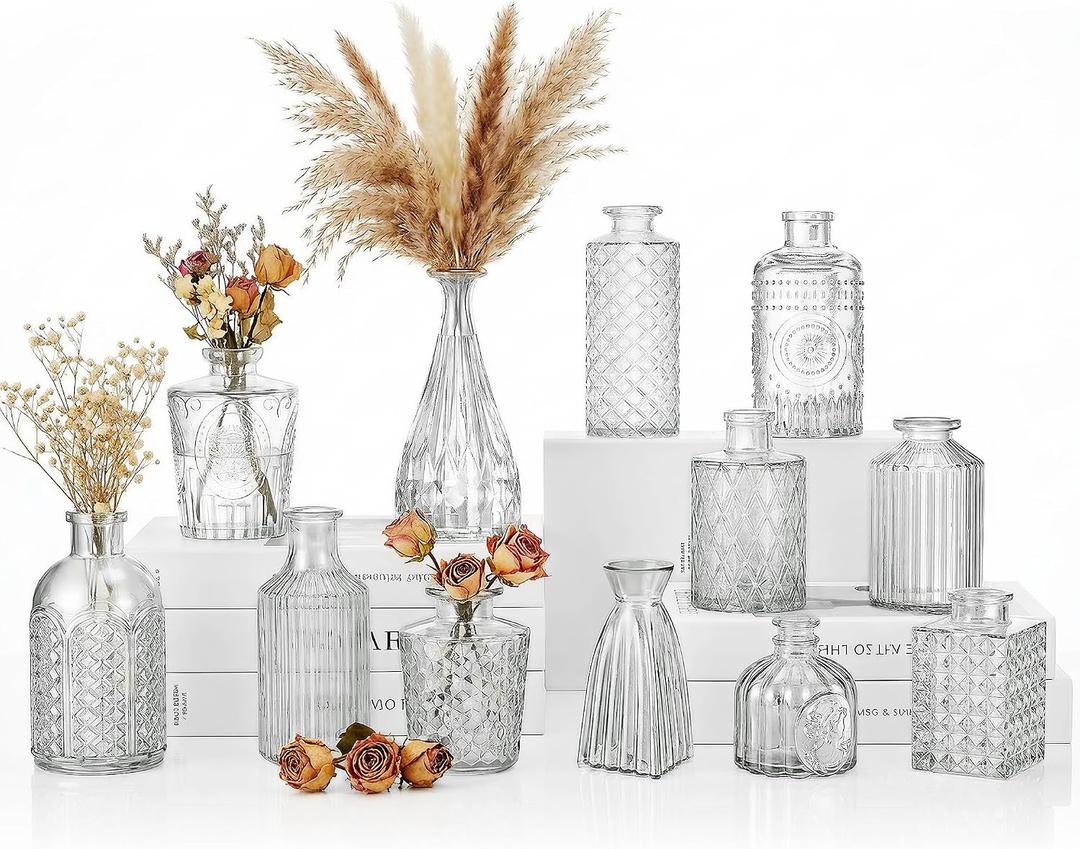 12 Pcs Clear Bud Vases Set, Small Vintage Glass Clear Bud Flower Vases Bulk Multiple Shape Cute Mini Glass Bottles Vases for Rustic Wedding Centerpieces Table Decorations and Home Decor