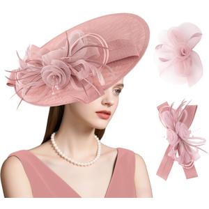 dressfan Wide Brim Fascinator Derby Hats for Women,20s Detachable Flower Hat with Headband for Derby Church Wedding Tea Party (Beige)