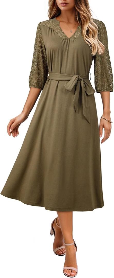 Dokotoo Womens Dresses Lace V-Neck Half Sleeve Belted Empire Waist Casual Dress A-Line Hem Summer Midi Dress with Pockets (S)