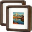 HELPLEX 4x4 Matted to 3x3 Square Picture Frame Set of 2 - Natural Walnut Wood with HD Tempered Glass, Convertible Design for Wall or Tabletop Display - Art Gallery & Luxury Home Office Decor
