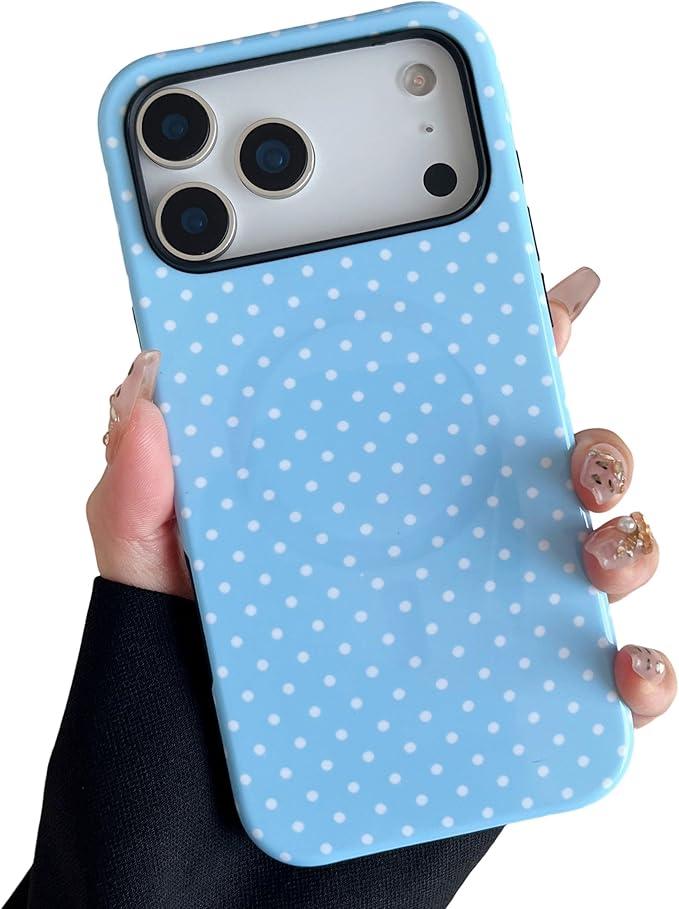 ZTOFERA Magnetic Case for iPhone 17 Pro, Compatible with Magsafe, Polka Dot Aesthetic Phone Case Cute for Girl Women, Hard PC+Soft TPU Protective Phone Cover for iPhone 17 Pro-Blue