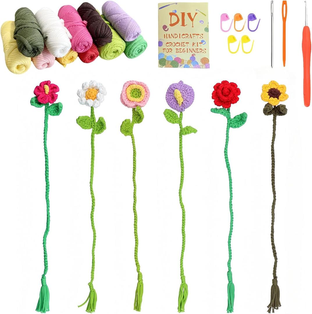 ASDIIT 6 Pcs Crochet Flower Bookmarks Kits for Beginners Amigurumi Crochet Starter Set Knitted Flowers Kit Mothers Day Valentines Christmas Gifts for Women - with Step-by-Step Video